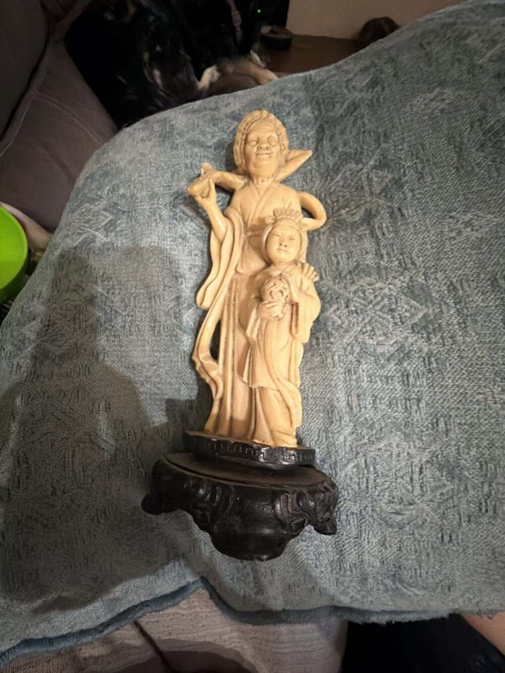 Vintage Asian Figurine Mother and Child Resin Statue on Wooden Base